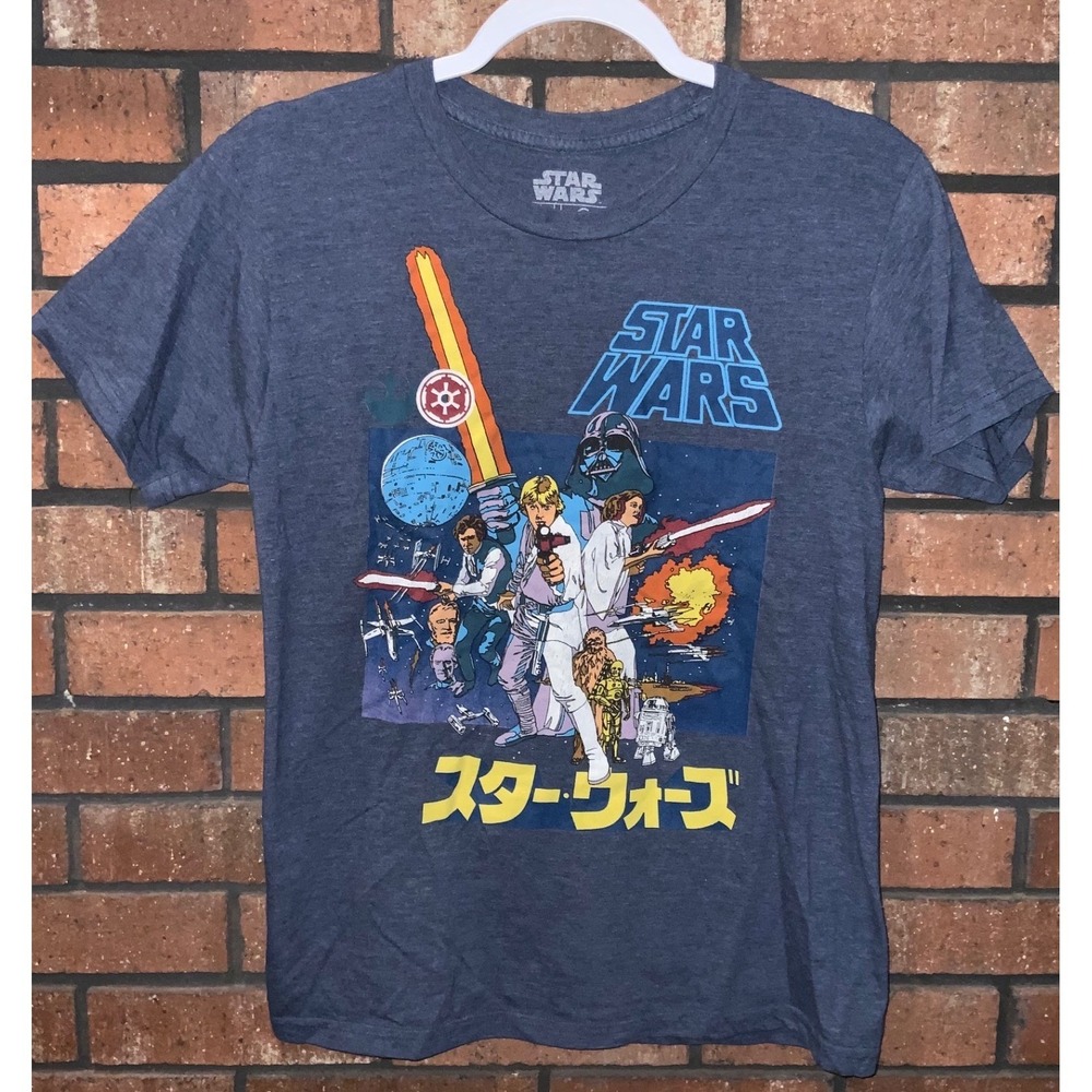 Star Wars Mens Small Heather Blue Japanese Poster Graphic T-Shirt Luke Vader S
